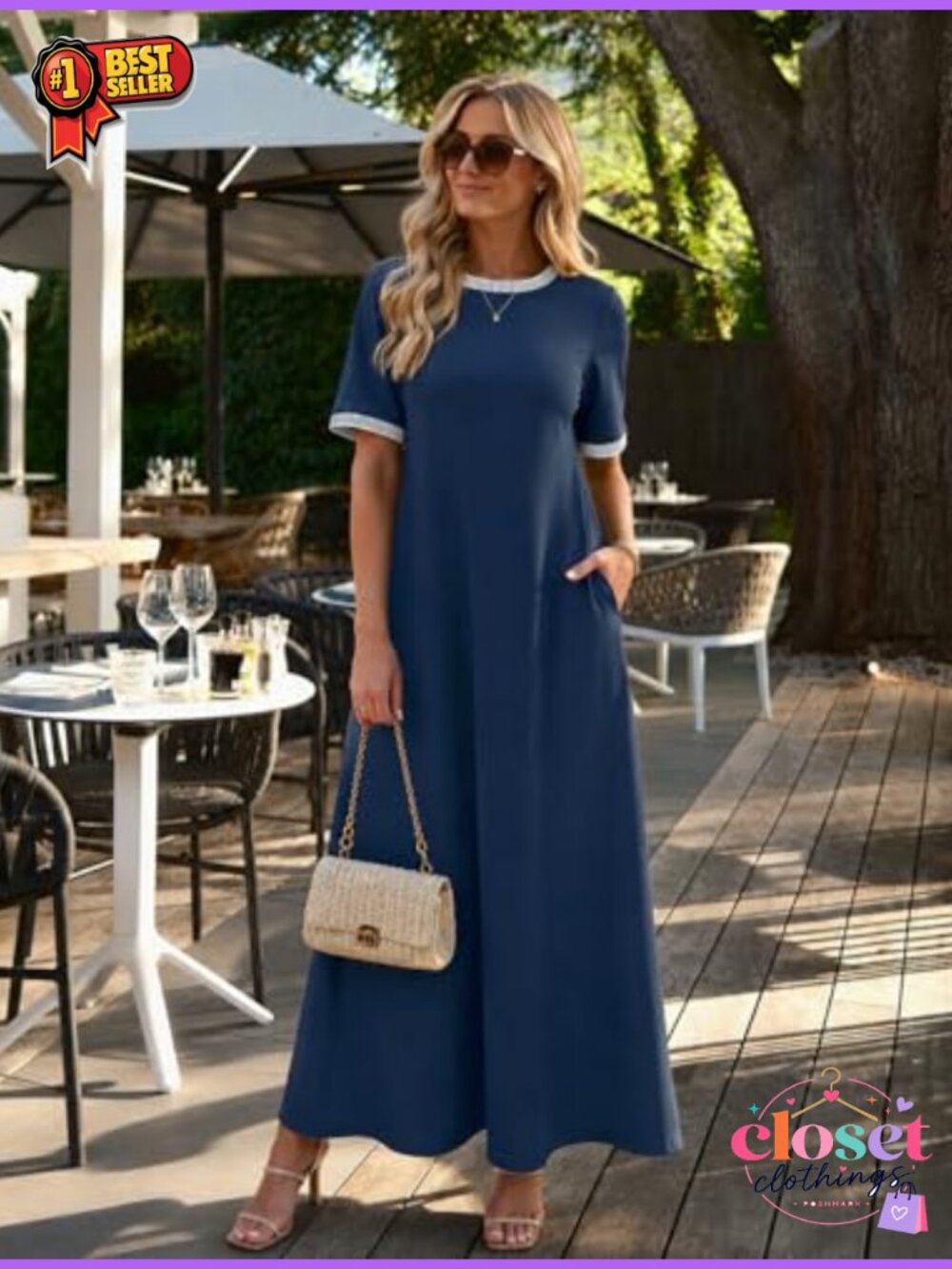 Womens Summer Casual Short Sleeve Maxi Tshirt Dress with Pockets - Picture 6 of 6